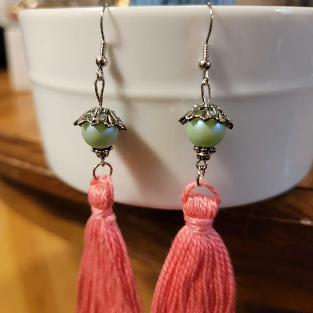 Handmade Tassel Earrings Pink Minty Teal Pearlescent Faux Pearl Bell Boho Hippie
